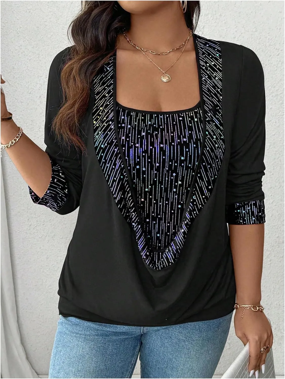 SOLY HUX Women's Plus Size T Shirts Sequin Glitter Long Sleeve Draped Square Neck Tee 2 in 1 Tops