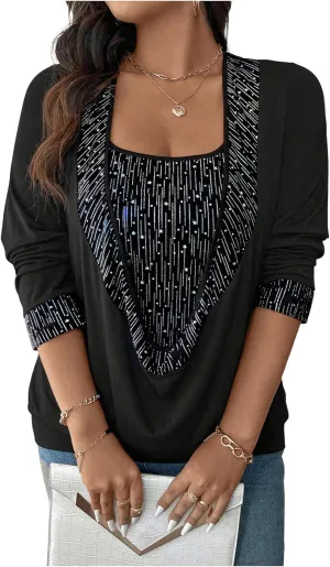SOLY HUX Women's Plus Size T Shirts Sequin Glitter Long Sleeve Draped Square Neck Tee 2 in 1 Tops
