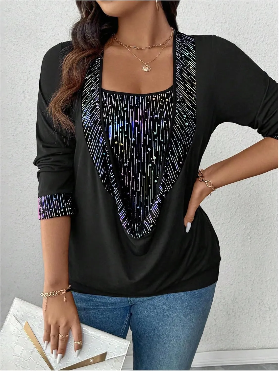 SOLY HUX Women's Plus Size T Shirts Sequin Glitter Long Sleeve Draped Square Neck Tee 2 in 1 Tops