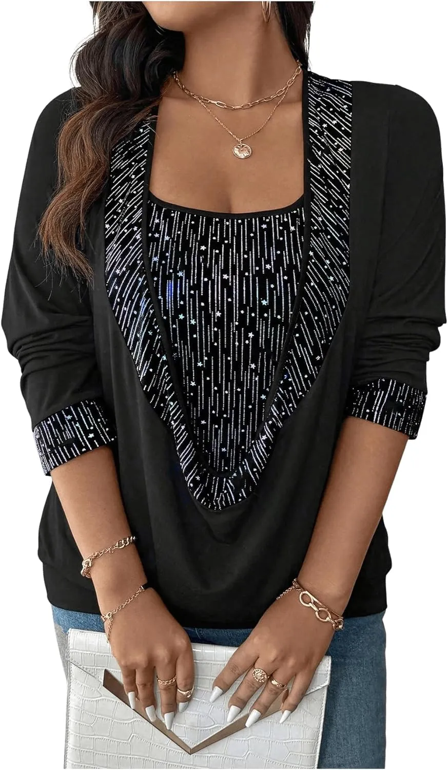 SOLY HUX Women's Plus Size T Shirts Sequin Glitter Long Sleeve Draped Square Neck Tee 2 in 1 Tops