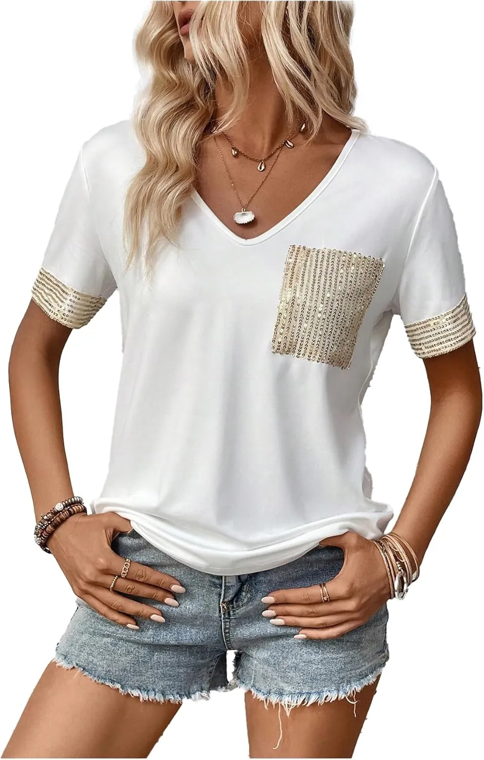 SOLY HUX Women's Sparkly Sequin T Shirt V Neck Short Sleeve Pocket Casual Summer Tops
