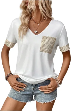 SOLY HUX Women's Sparkly Sequin T Shirt V Neck Short Sleeve Pocket Casual Summer Tops