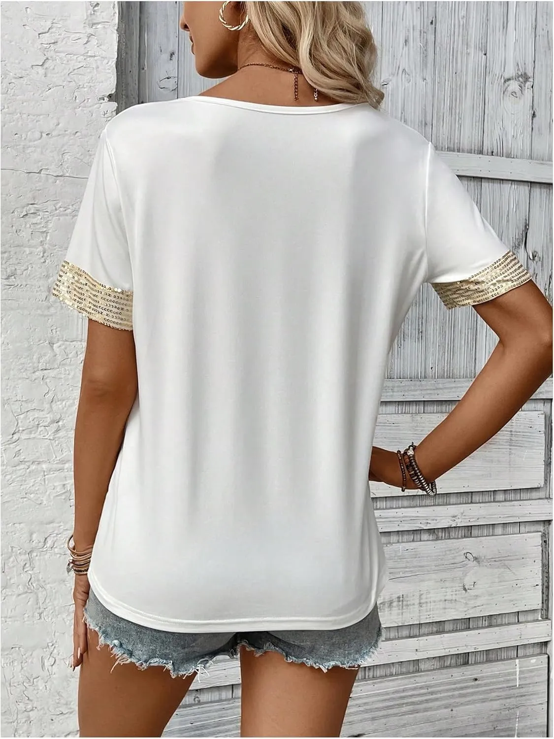 SOLY HUX Women's Sparkly Sequin T Shirt V Neck Short Sleeve Pocket Casual Summer Tops