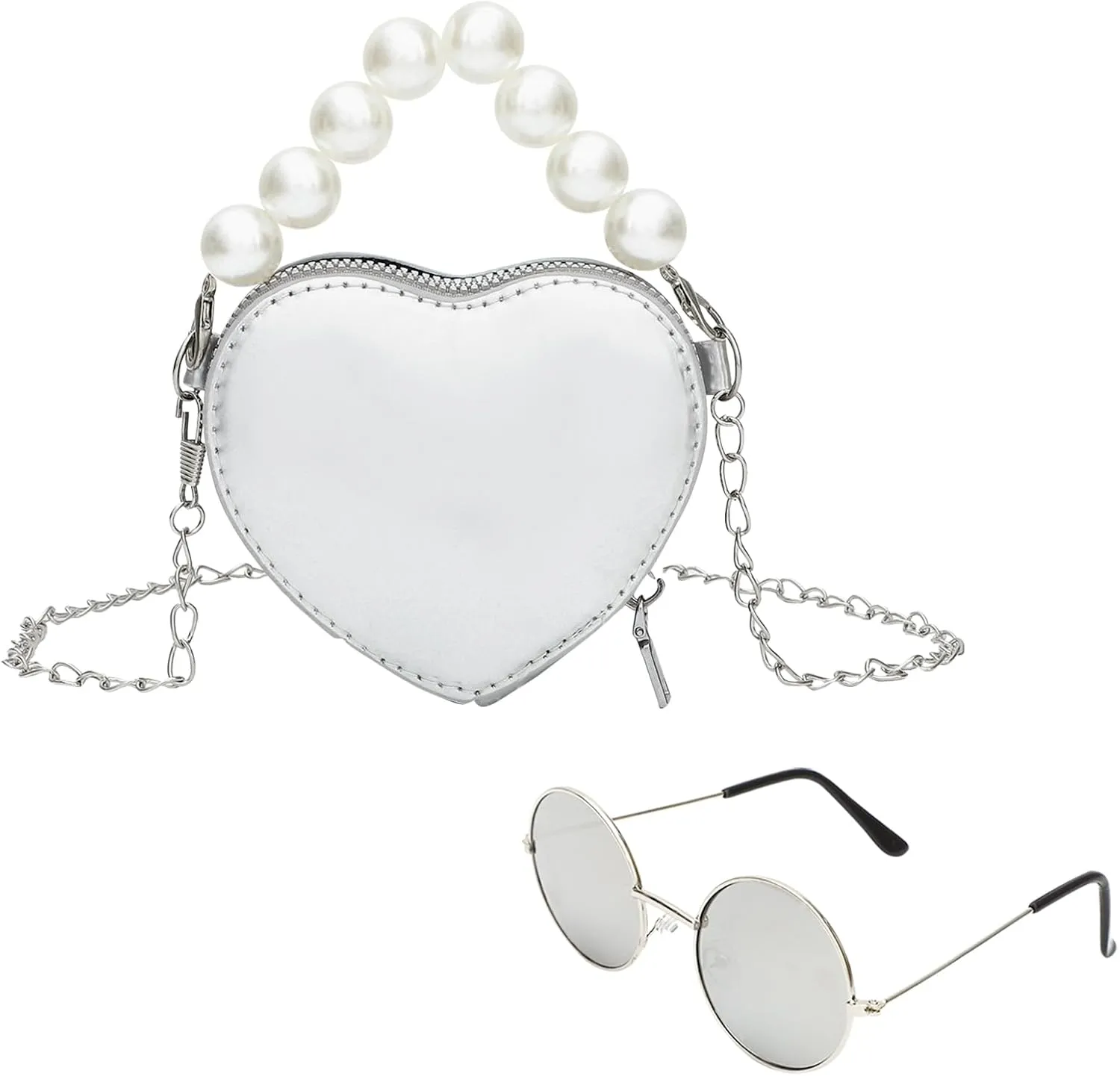 SOTOGO Little Girls Crossbody Purses Set Toddler Mini Cute Princess Handbags Shoulder Messenger Bag Eyeglasses, Silver Pearl Style