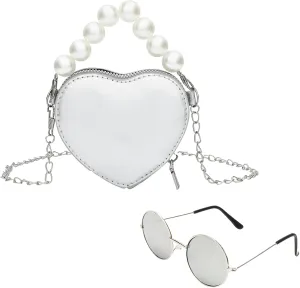 SOTOGO Little Girls Crossbody Purses Set Toddler Mini Cute Princess Handbags Shoulder Messenger Bag Eyeglasses, Silver Pearl Style