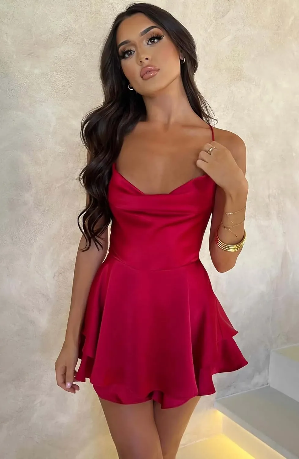 Spaghetti Straps Satin Homecoming Dresses for Teens Flowy Short Layered A-line Evening Party Dresses for Women