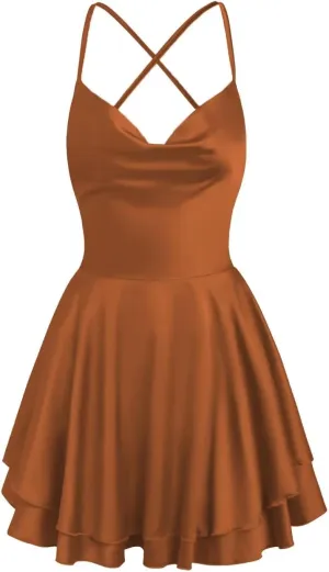 Spaghetti Straps Satin Homecoming Dresses for Teens Flowy Short Layered A-line Evening Party Dresses for Women
