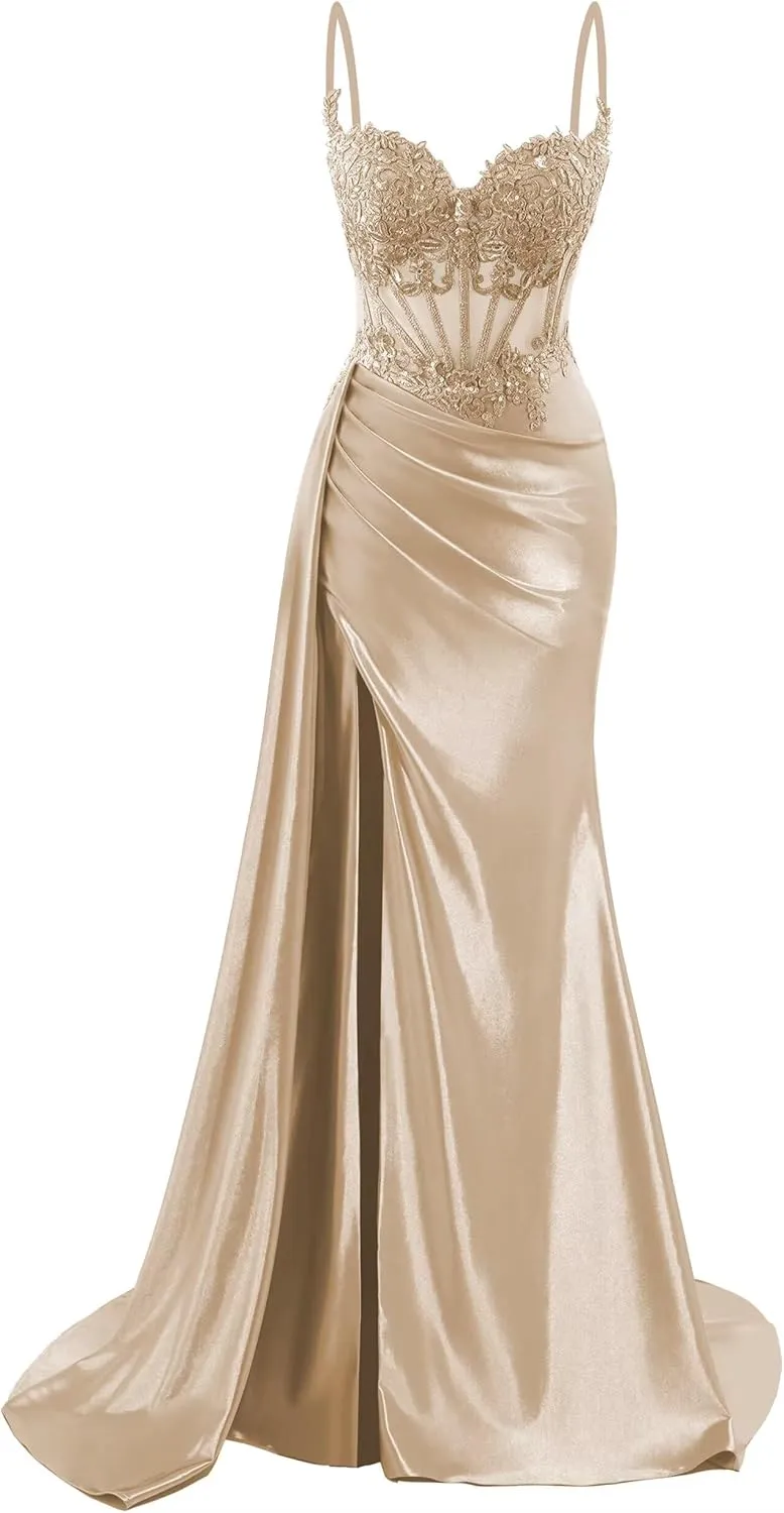 Spaghetti Straps Satin Prom Dresses Long Lace Appliques Formal Party Dress VS126