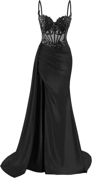 Spaghetti Straps Satin Prom Dresses Long Lace Appliques Formal Party Dress VS126