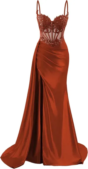 Spaghetti Straps Satin Prom Dresses Long Lace Appliques Formal Party Dress VS126