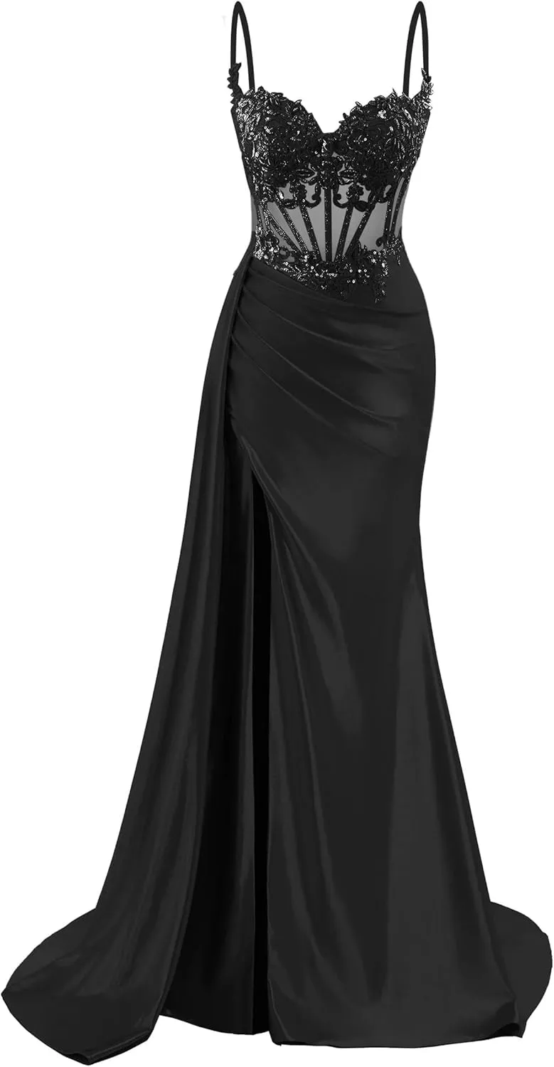 Spaghetti Straps Satin Prom Dresses Long Lace Appliques Formal Party Dress VS126