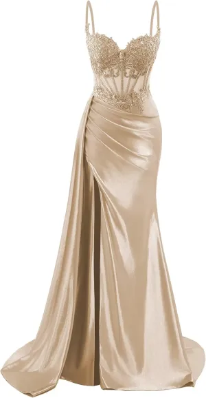 Spaghetti Straps Satin Prom Dresses Long Lace Appliques Formal Party Dress VS126