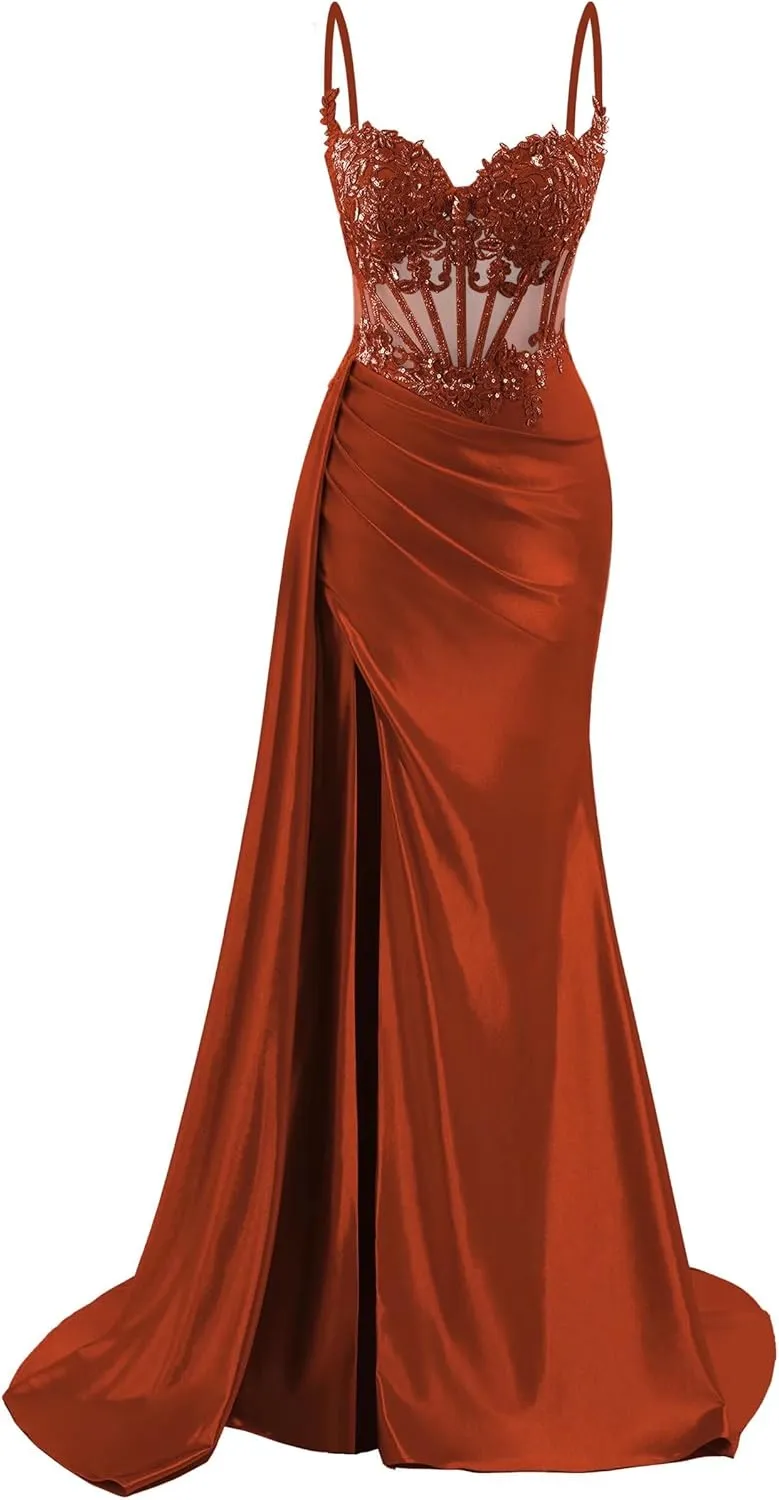 Spaghetti Straps Satin Prom Dresses Long Lace Appliques Formal Party Dress VS126