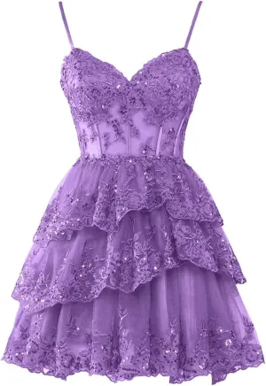 Sparkly Lace Tulle Tiered Homecoming Dresses Spaghetti Straps Short Prom Dress for Women