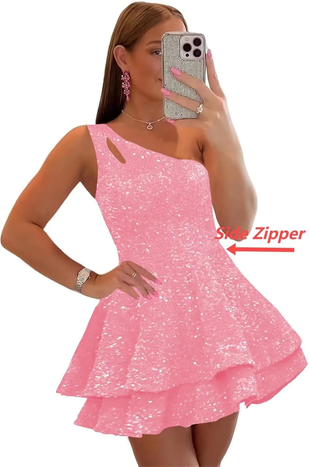 Sparkly Sequin Homecoming Dresses for Teens 2025 One Shoulder Short Tiered A-Line Mini Cocktail Party Dresses