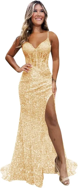 Sparkly Sequin Prom Dresses for Teens 2025 Glitter Applique Mermaid Formal Evening Gown with Slit