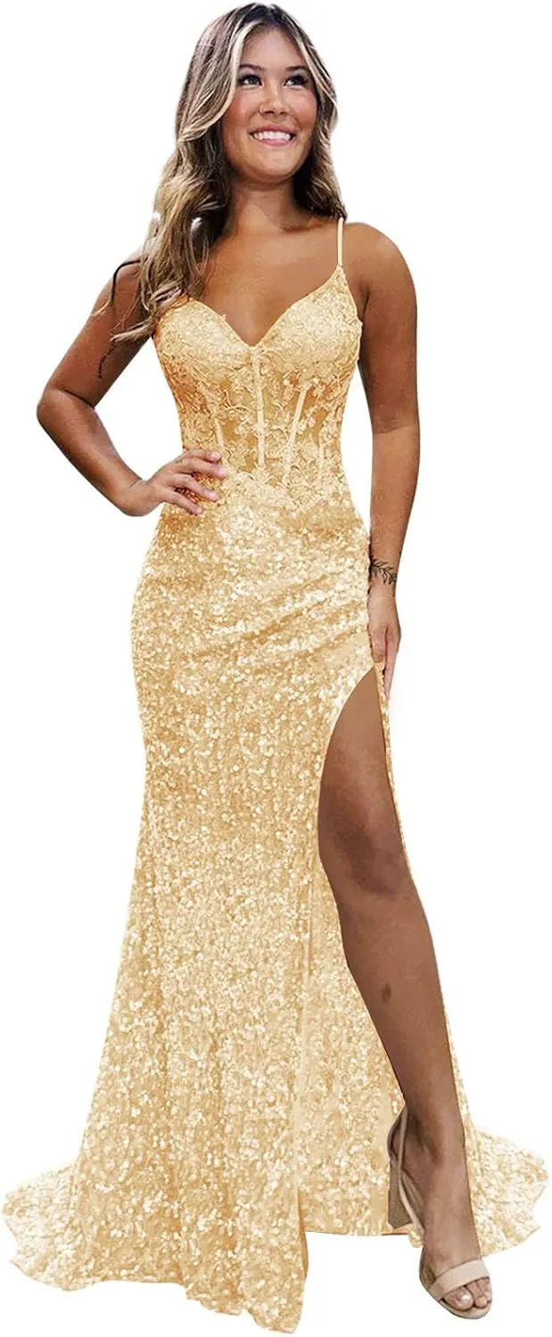 Sparkly Sequin Prom Dresses for Teens 2025 Glitter Applique Mermaid Formal Evening Gown with Slit