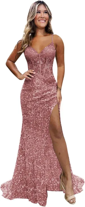 Sparkly Sequin Prom Dresses for Teens 2025 Glitter Applique Mermaid Formal Evening Gown with Slit