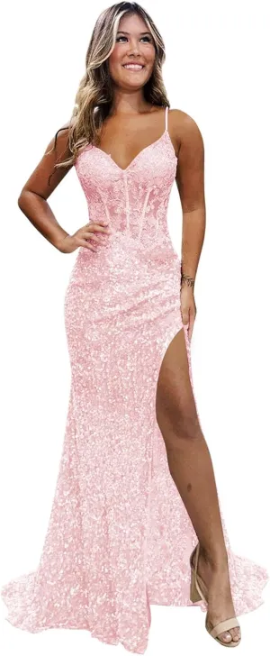 Sparkly Sequin Prom Dresses for Teens 2025 Glitter Applique Mermaid Formal Evening Gown with Slit