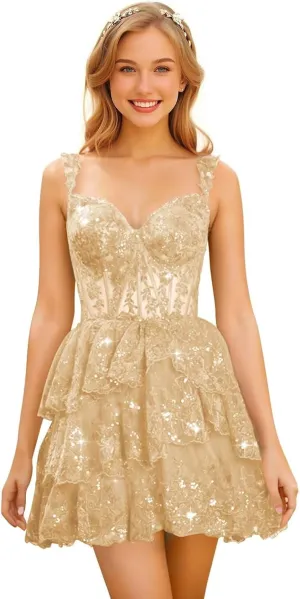 Sparkly Sequin Tiered Lace Homecoming Dresses for Teens 2025 Off Shoulder Short Tulle Formal Prom Party Gown