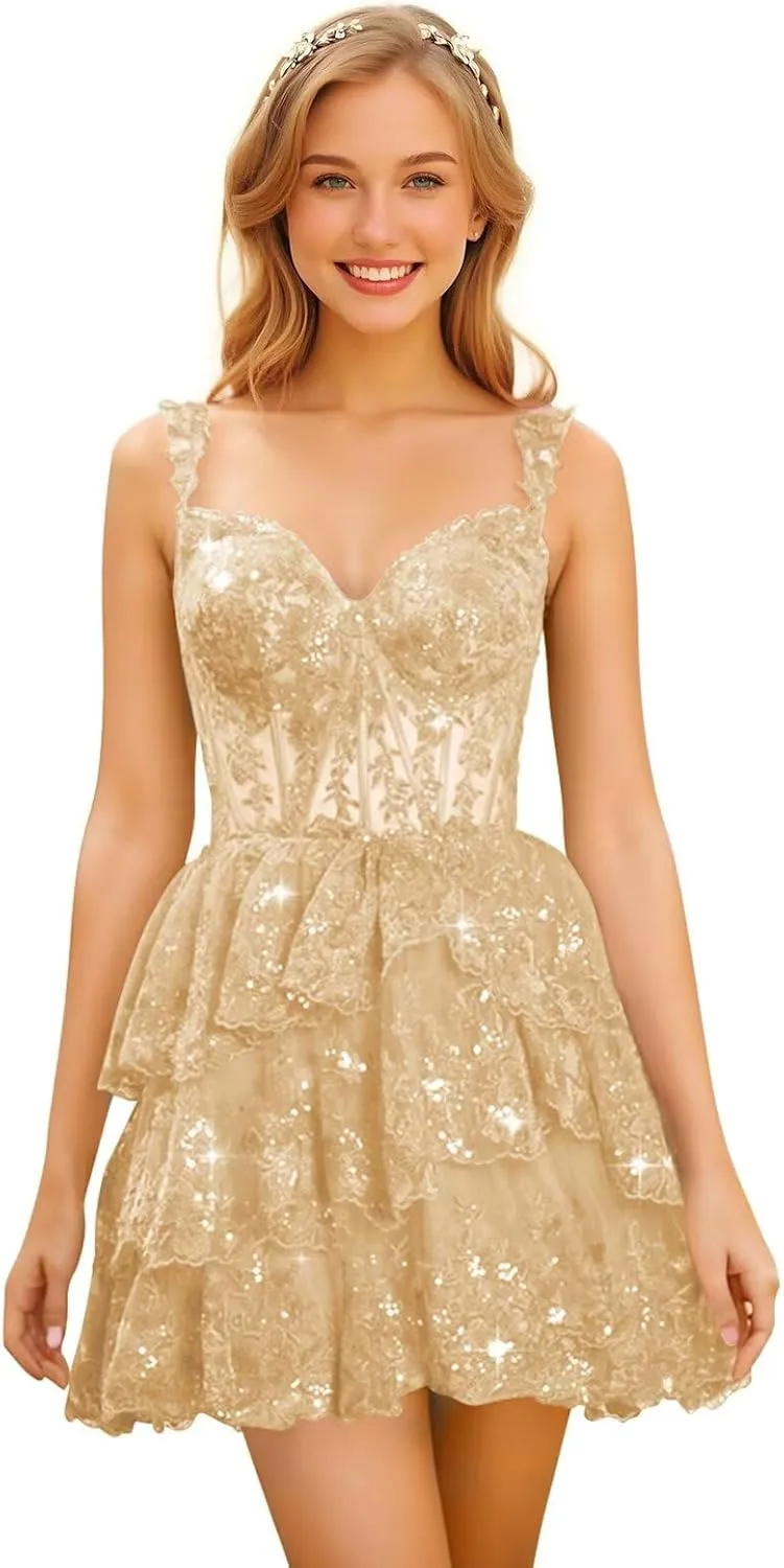 Sparkly Sequin Tiered Lace Homecoming Dresses for Teens 2025 Off Shoulder Short Tulle Formal Prom Party Gown