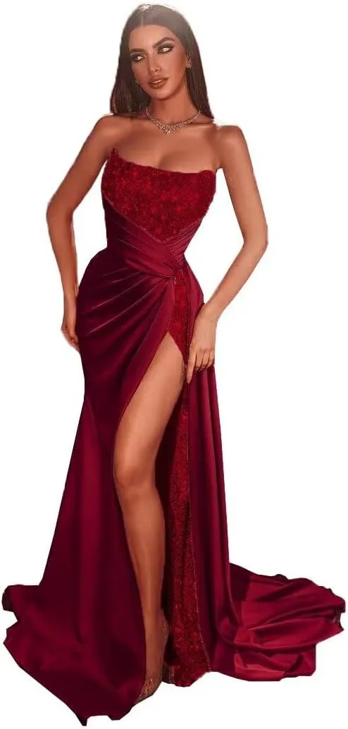 Sparkly Sequins Prom Dresses 2025 Mermaid Bridesmaid Dress with Slit Tube Satin Evening Formal Gown with Train DR0080
