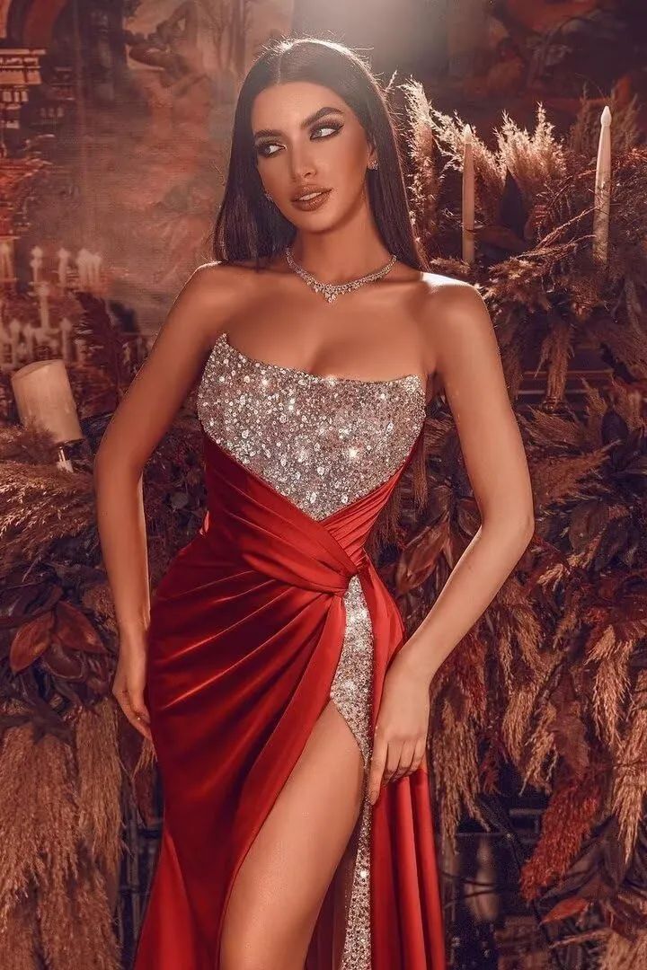 Sparkly Sequins Prom Dresses 2025 Mermaid Bridesmaid Dress with Slit Tube Satin Evening Formal Gown with Train DR0080