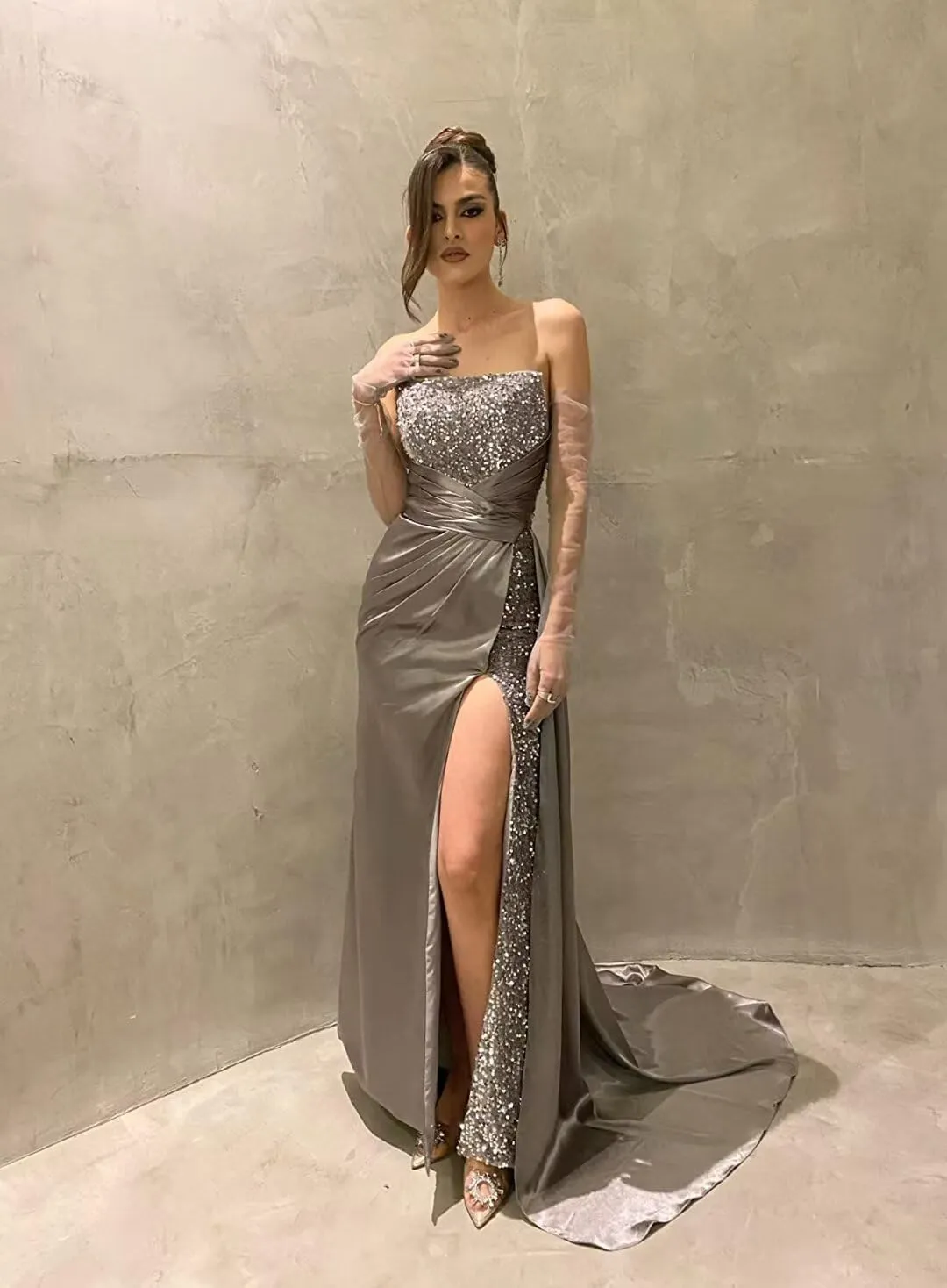 Sparkly Sequins Prom Dresses 2025 Mermaid Bridesmaid Dress with Slit Tube Satin Evening Formal Gown with Train DR0080