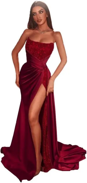 Sparkly Sequins Prom Dresses 2025 Mermaid Bridesmaid Dress with Slit Tube Satin Evening Formal Gown with Train DR0080