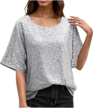 Sparkly Tops for Women Casual Short Sleeve Round Neck Loose Size Shirts Trendy Elegant Shimmer Glitter Blouse Tees