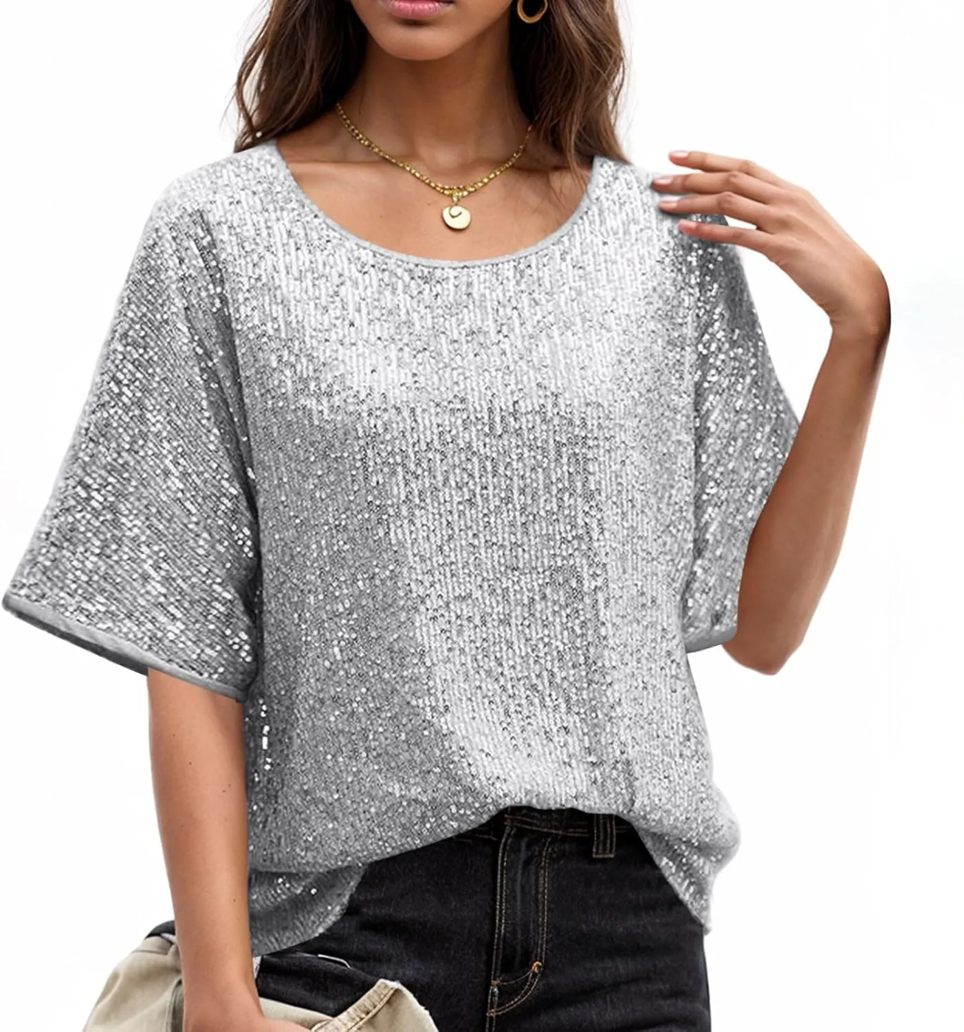 Sparkly Tops for Women Casual Short Sleeve Round Neck Loose Size Shirts Trendy Elegant Shimmer Glitter Blouse Tees