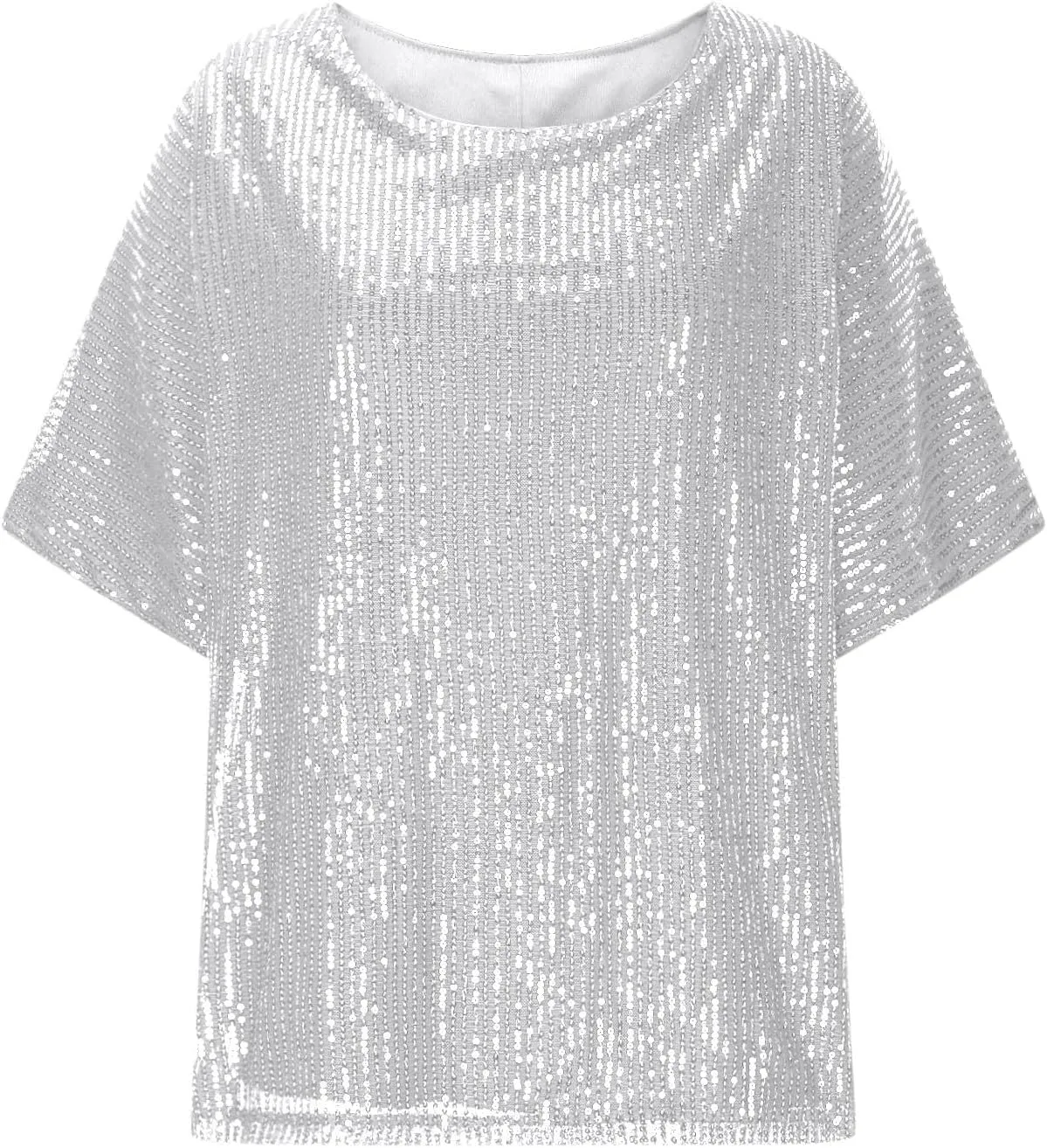 Sparkly Tops for Women Casual Short Sleeve Round Neck Loose Size Shirts Trendy Elegant Shimmer Glitter Blouse Tees