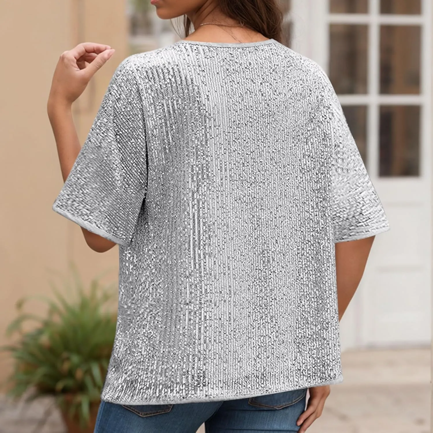 Sparkly Tops for Women Casual Short Sleeve Round Neck Loose Size Shirts Trendy Elegant Shimmer Glitter Blouse Tees