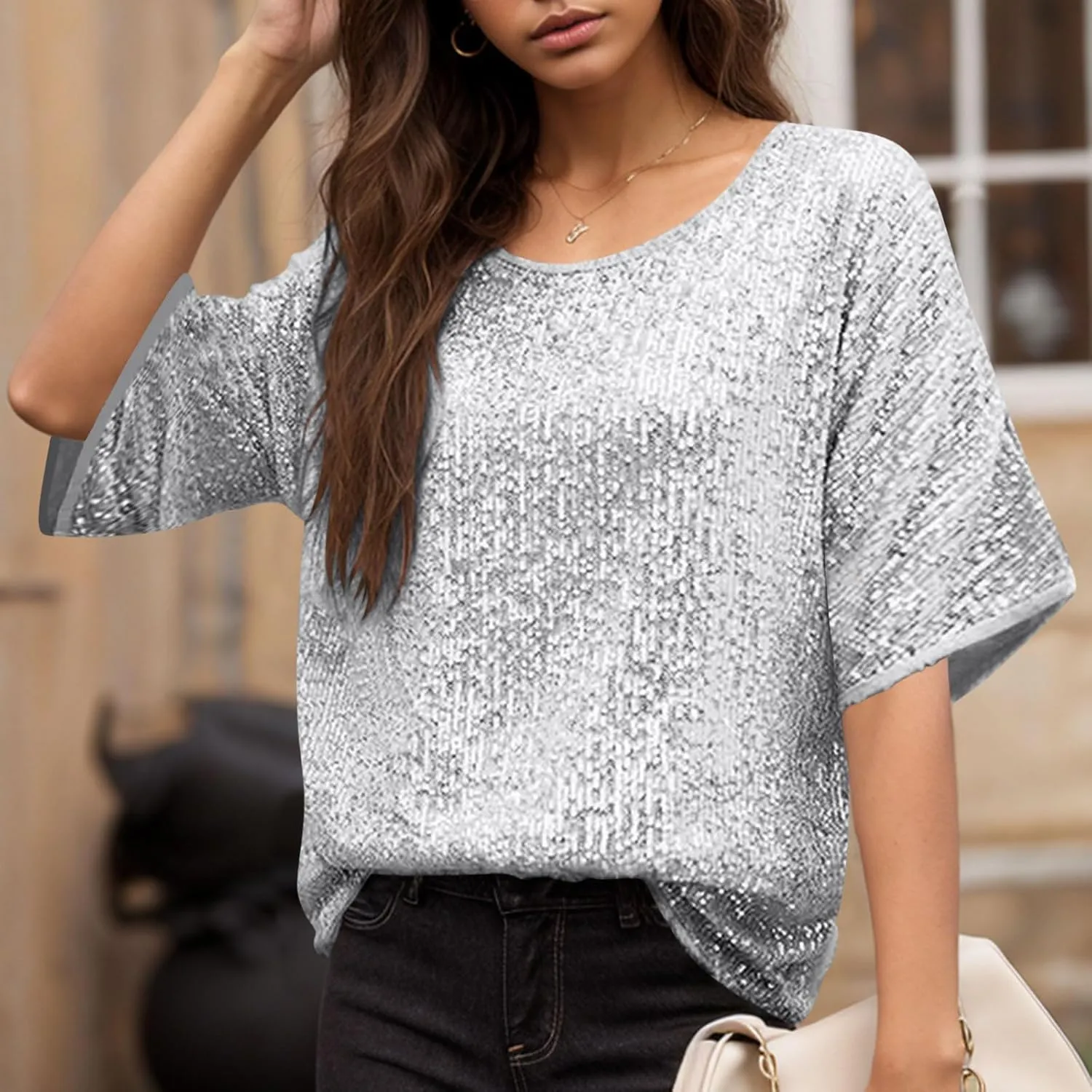 Sparkly Tops for Women Casual Short Sleeve Round Neck Loose Size Shirts Trendy Elegant Shimmer Glitter Blouse Tees