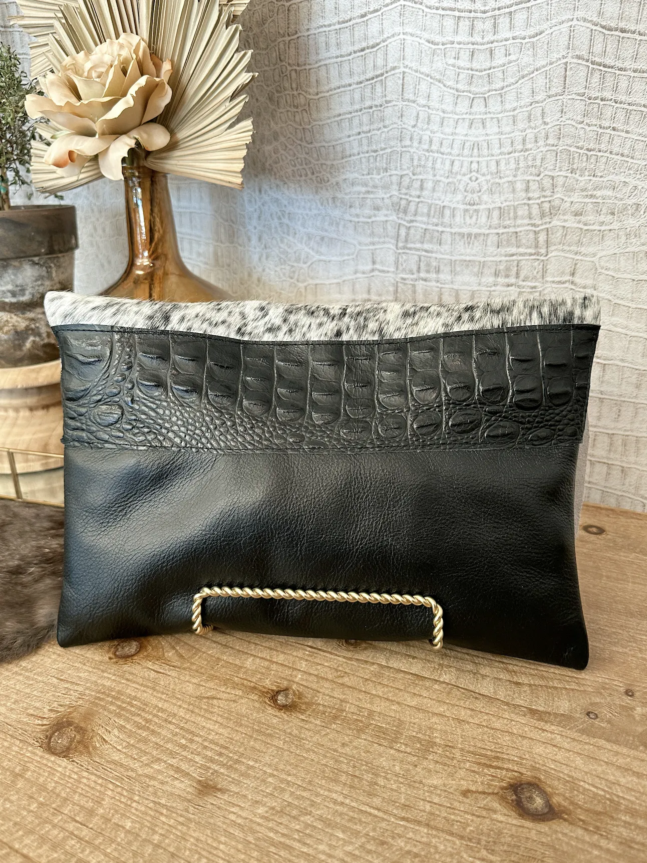 Speckled Hide with Solid Black Leather Clutch/Crossbody
