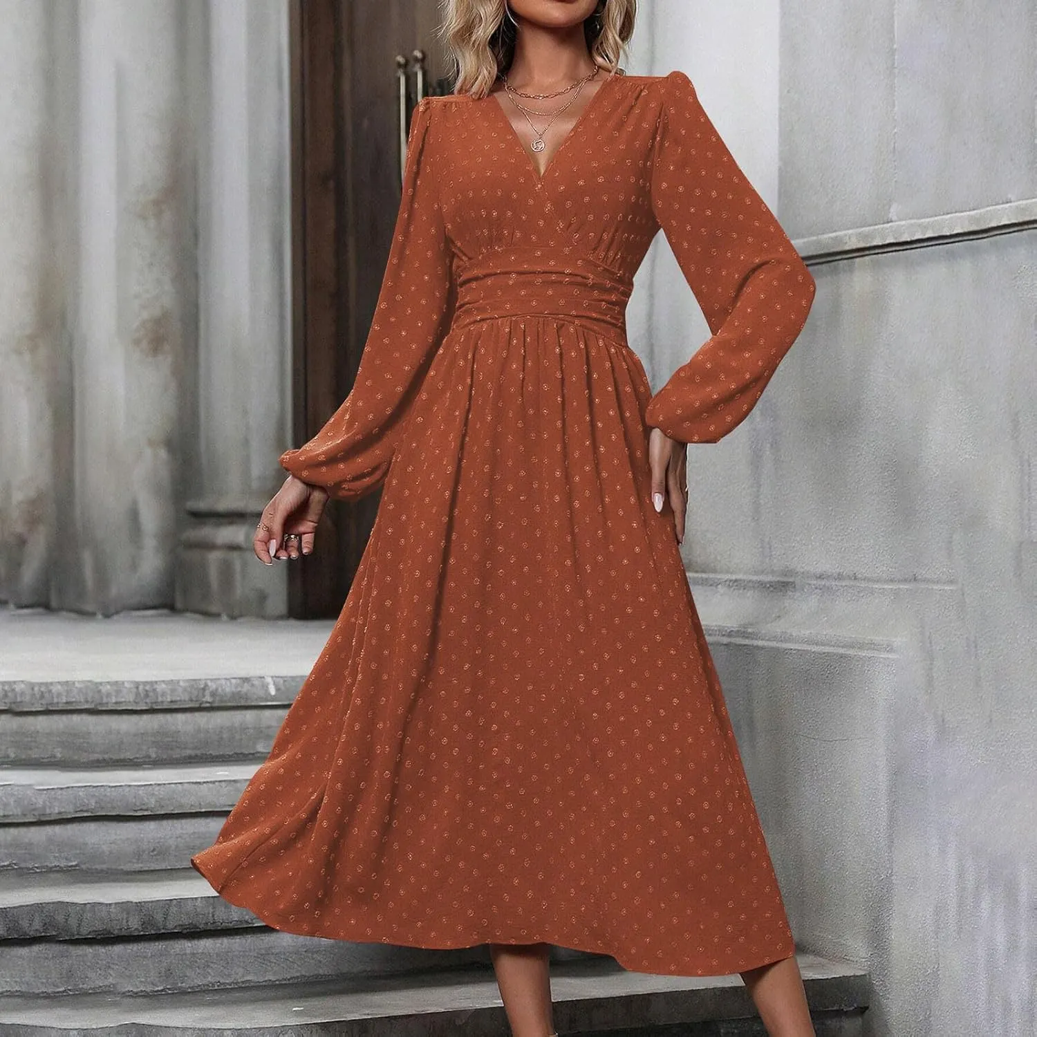 Spring Dresses for Women 2025 Long Sleeve Wedding Guest Dresses Formal Flowy Chiffon Swiss Dots Maxi Bohemian Dress