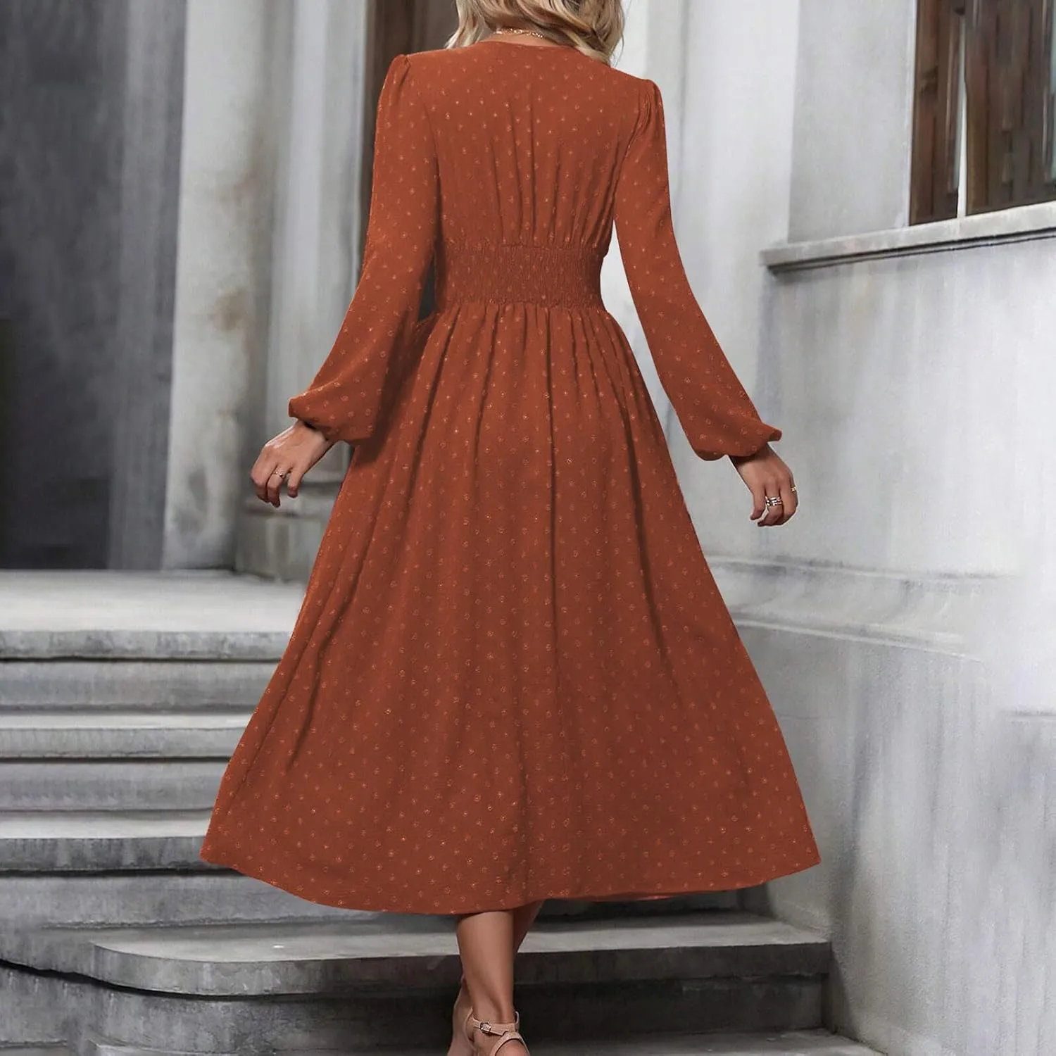 Spring Dresses for Women 2025 Long Sleeve Wedding Guest Dresses Formal Flowy Chiffon Swiss Dots Maxi Bohemian Dress