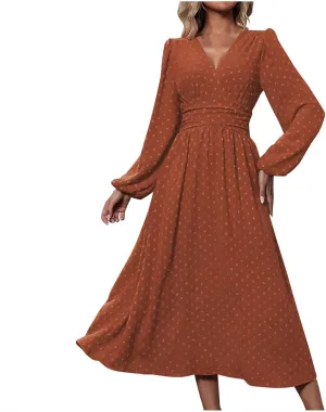 Spring Dresses for Women 2025 Long Sleeve Wedding Guest Dresses Formal Flowy Chiffon Swiss Dots Maxi Bohemian Dress