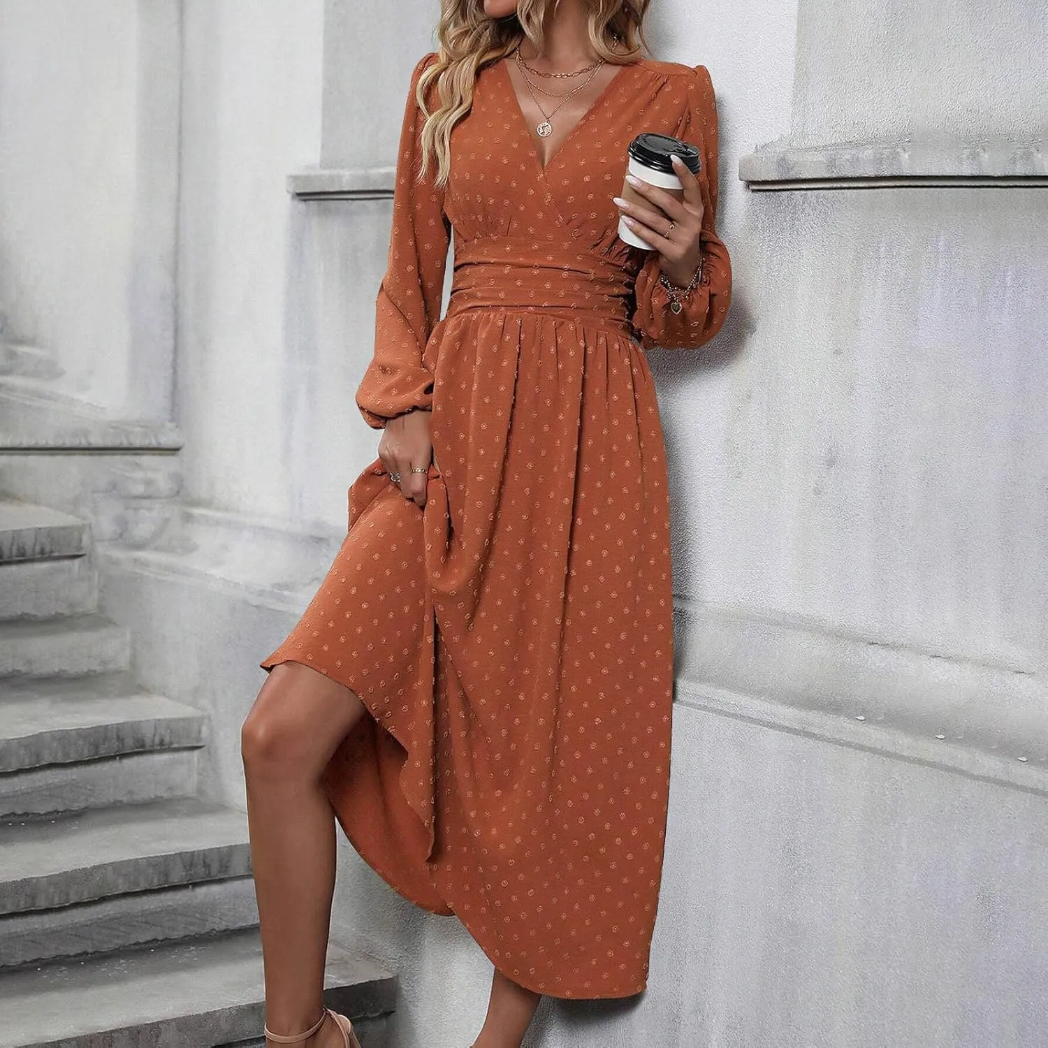 Spring Dresses for Women 2025 Long Sleeve Wedding Guest Dresses Formal Flowy Chiffon Swiss Dots Maxi Bohemian Dress