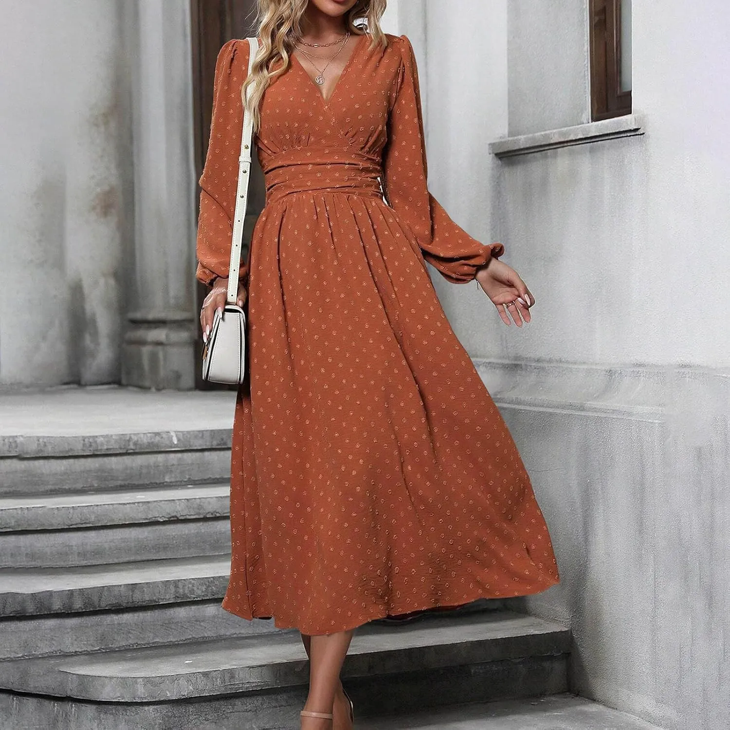 Spring Dresses for Women 2025 Long Sleeve Wedding Guest Dresses Formal Flowy Chiffon Swiss Dots Maxi Bohemian Dress