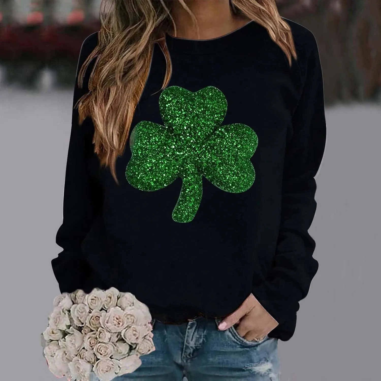 St Patricks Day Shirt Women 2025 Holiday Casual Long Sleeve Sequin Sweatshirts Trendy Irish Shamrock Solid Pullovers