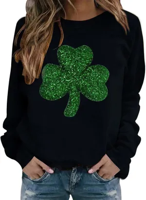 St Patricks Day Shirt Women 2025 Holiday Casual Long Sleeve Sequin Sweatshirts Trendy Irish Shamrock Solid Pullovers