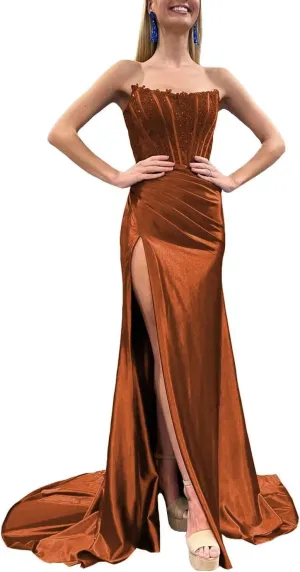 Strapless Prom Dresses 2025 Long Lace Applique Satin Mermaid Corset Side Slit Formal Evening Party Gowns for Women