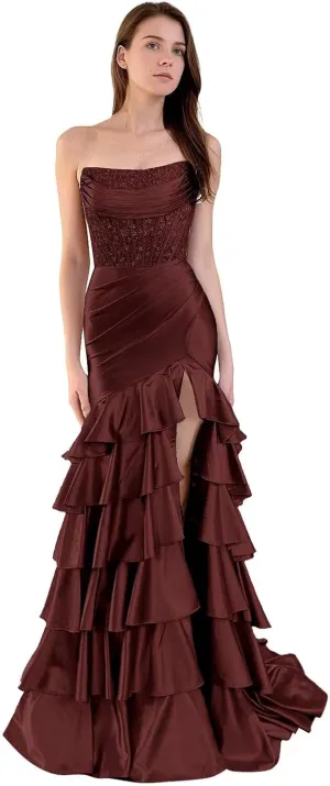 Strapless Tiered Long Prom Dresses Satin Appliques Mermaid Formal Party Dress Evening Gowns with Slit