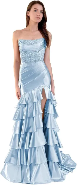 Strapless Tiered Long Prom Dresses Satin Appliques Mermaid Formal Party Dress Evening Gowns with Slit