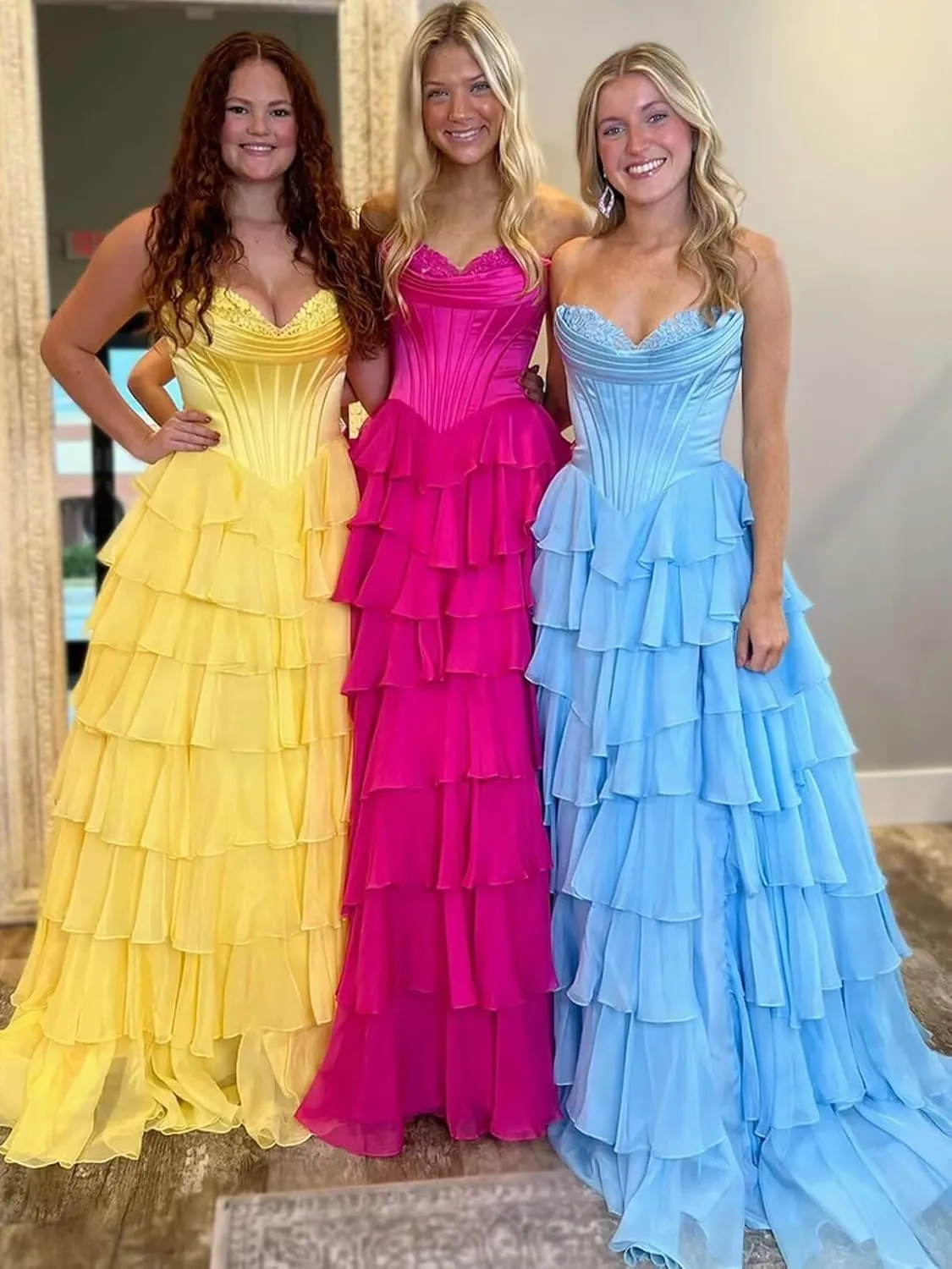 Strapless Tiered Prom Dress Long Ball Gown Satin Ruffle Chiffon Sweeetheart Corset Formal Evening Gowns with Slit