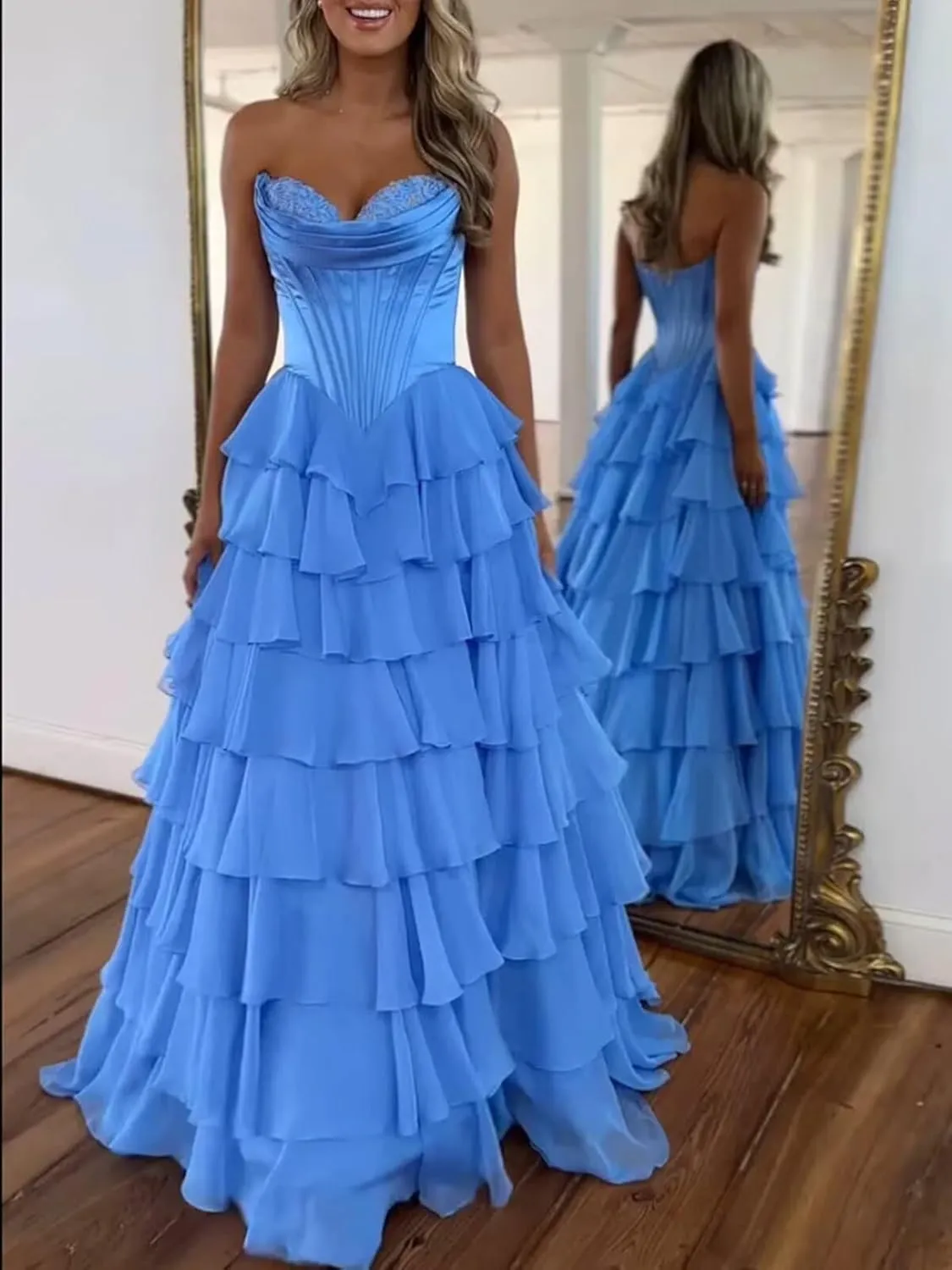 Strapless Tiered Prom Dress Long Ball Gown Satin Ruffle Chiffon Sweeetheart Corset Formal Evening Gowns with Slit