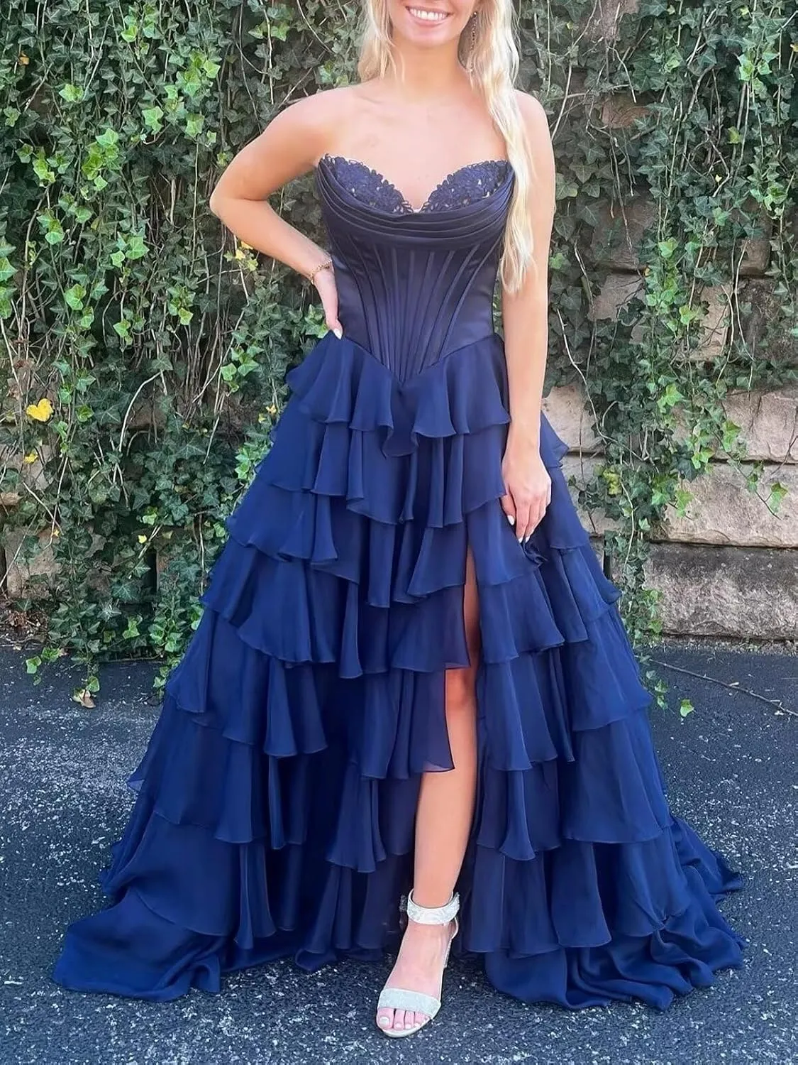 Strapless Tiered Prom Dress Long Ball Gown Satin Ruffle Chiffon Sweeetheart Corset Formal Evening Gowns with Slit