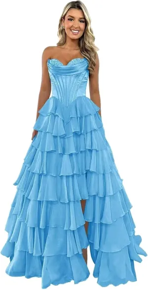 Strapless Tiered Prom Dress Long Ball Gown Satin Ruffle Chiffon Sweeetheart Corset Formal Evening Gowns with Slit