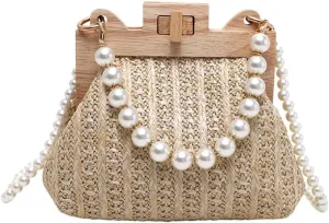 Straw Beach Bags For Women Summer Straw Cross-body Bag Raffia Handbag Pearls Purses Shoulder Bag Shell Shaped Bag 2025